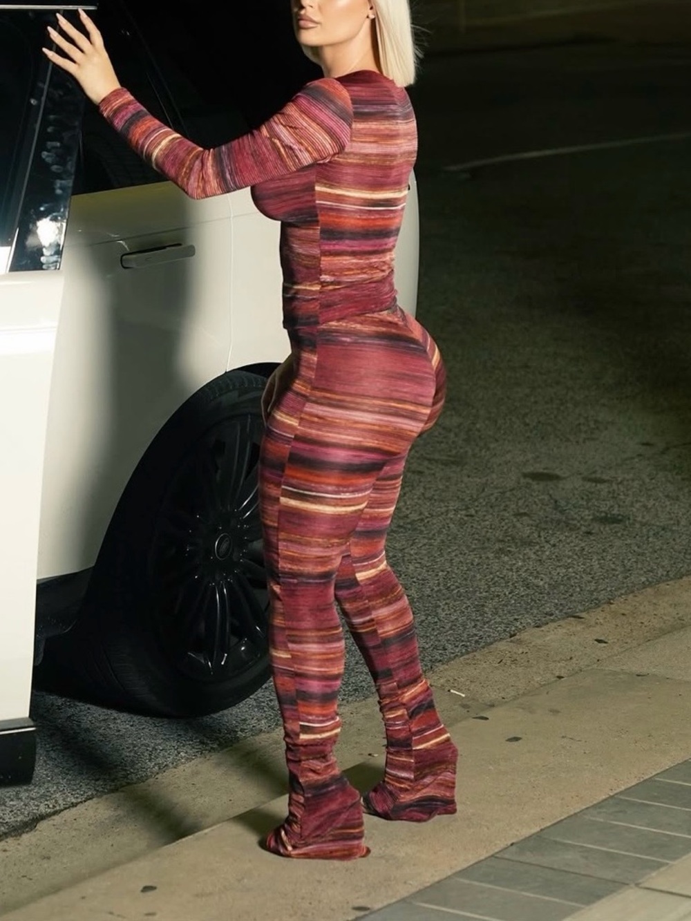 Long-Sleeve Ribbed Striped Set in Burgundy Multi